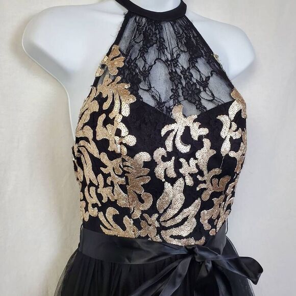 Blondie Nites by Stacy Sklar Size 3 Black & Gold Halter Party Dress Tulle Skirt - Picture 2 of 7